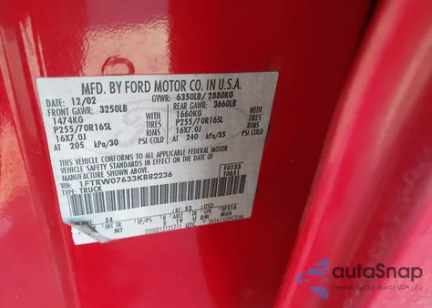 2003 Ford F-150 Lariat/Xlt из США, поврежденный, VIN 1FTRW07633KB82236